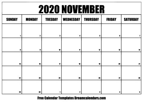 November 2020 Calendar - Free Printable with Holidays and Observances