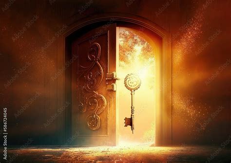 Magic key opening the door to the dimension of light. Golden light ...