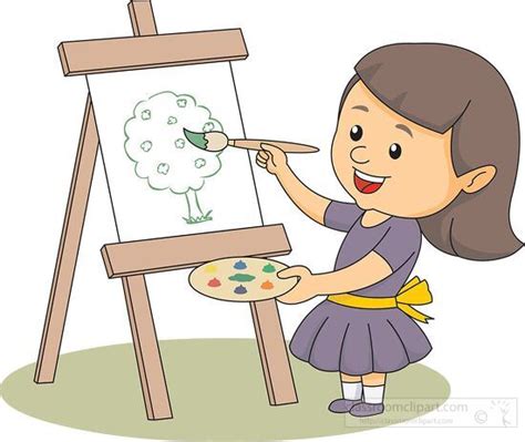 Art and Crafts Clipart-girl holding paint brush painting a tree clipart