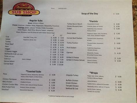 Menu of Three Oaks Sub Shop in Three Oaks, MI 49128