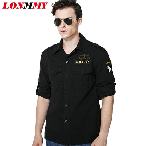 LONMMY Military style mens shirts Army green Black Long sleeve men ...