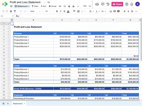 Profit and Loss Statement Template | Spreadsheet.com