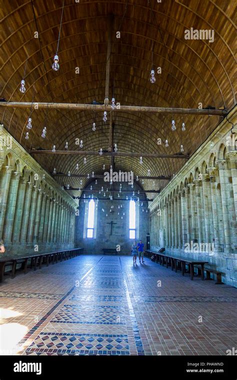 Inside the Abbey, interior of the church Cathedral atop at the top of world famous mont st ...