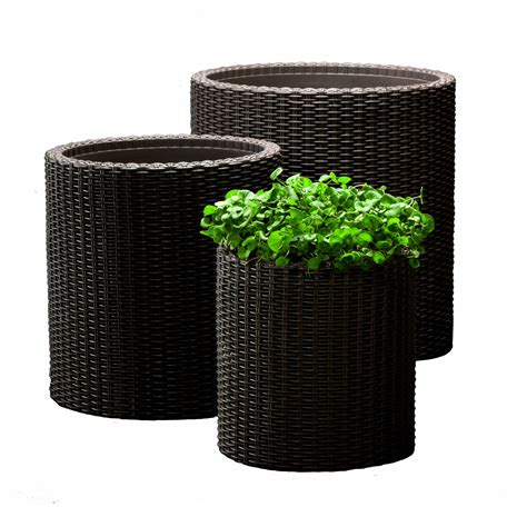 Keter Resin Wicker Cylinder Flower Pot Set of 3 Small, Medium, and Large Planters with Drainage ...