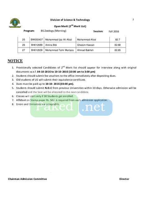 University of Education (UE) Lahore - Second Merit List Fall 2016 - BS ...