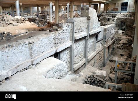 Greece, Island of Santorini: archeological excavations of a Minoan city at Akrotiri which was ...