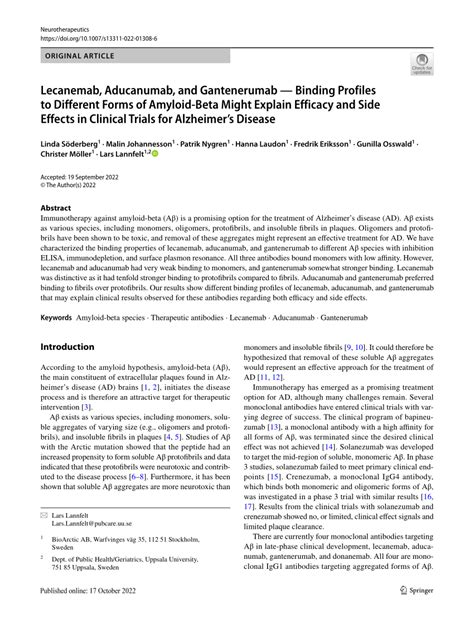 (PDF) Lecanemab, Aducanumab, and Gantenerumab - Binding Profiles to Different Forms of Amyloid ...