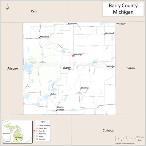 a map with the name and location of barry county, michigan on it's side