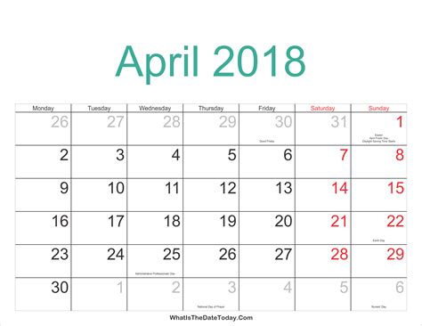 April 2018 Calendar Printable with Holidays | Whatisthedatetoday.Com