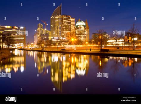 The skyline of The Hague, The Netherlands at night Stock Photo - Alamy