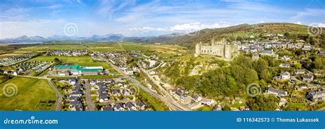 Aerial View of the Skyline of Harlech with it`s 12th Century Castle ...