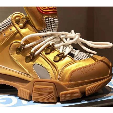 Gucci Unisex Flashtrek Sneaker in Gold Metallic Leather 5.6 cm Heel - LULUX