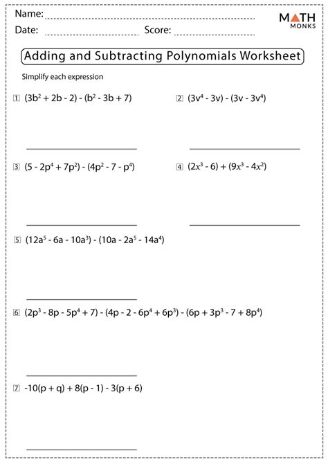 Adding and Subtracting Polynomials Worksheets with Answer Key