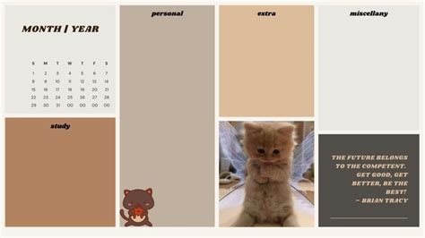 a calendar with an image of a cat in the middle and other things on it