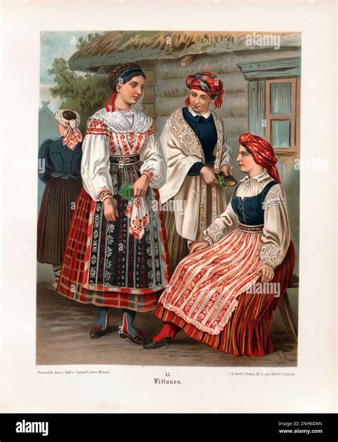 German folk costume. Lithuania (Litauen). 19th-century lithography Stock Photo - Alamy