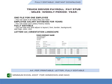 Truck Driver Pay Roll Earning Statement Template Pay Slip Creator for Truck Driver Mile Excel ...