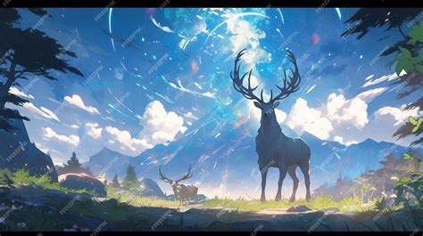 Premium AI Image | anime style painting of a deer standing in a forest with a mountain in the ...