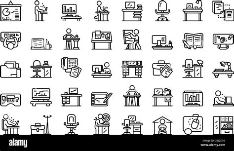 Ergonomic workplace icons set. Outline set of ergonomic workplace vector icons for web design ...