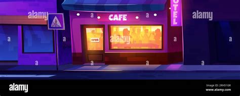 Night city street cafe building outside cartoon background. Restaurant exterior with sidewalk ...