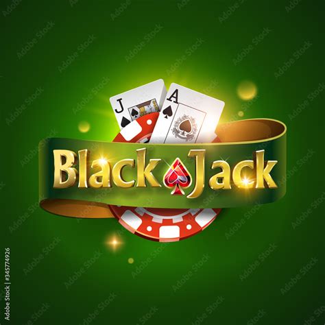 Blackjack logo with green ribbon and on a green background, isolated. Card game. Casino game ...