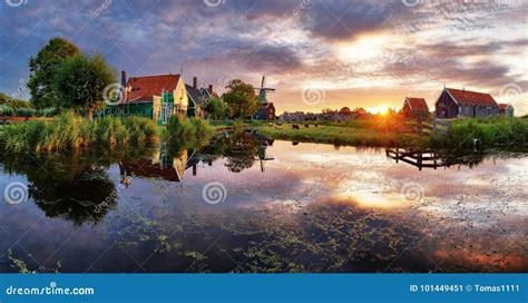 Netherlands Windmills at Sunset, Landscape Stock Image - Image of ...