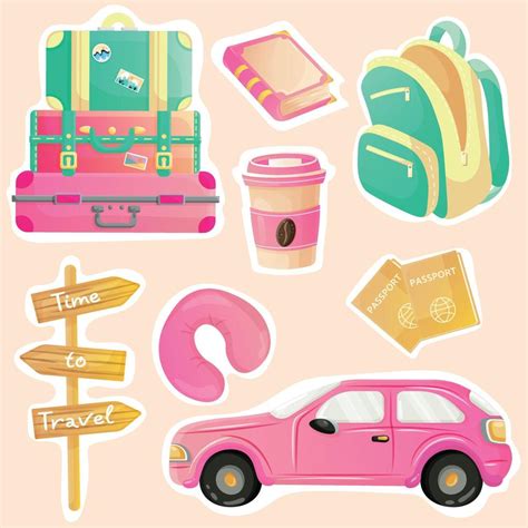 Cute cartoon travel sticker set with pink car, three suitcases, pink cup of coffee, pink book ...