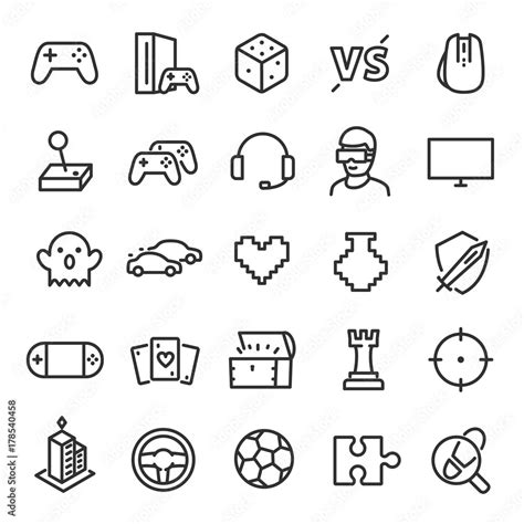 Video games icon set. Game genres and attributes. Linear design. Lines with editable stroke ...