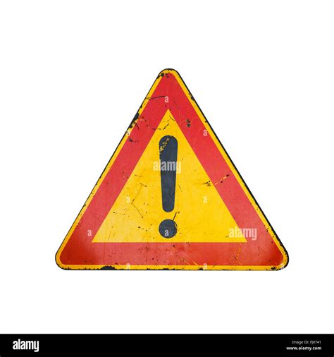 Bright red and yellow triangle warning road sign with exclamation mark ...