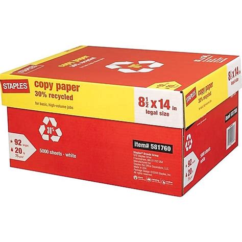 Staples Recycled Copy Paper, 8.5" x 14", 20 lbs., White, 500 Sheets/Ream, 10 Reams/Carton ...