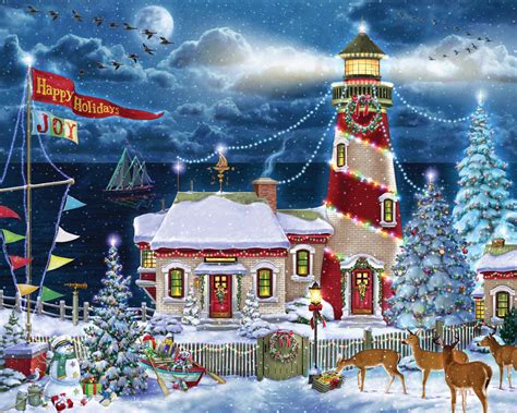 Christmas Lighthouse, 1000 Pieces, Vermont Christmas Company | Puzzle ...