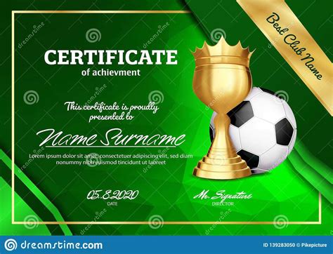 Soccer Certificate Diploma With Golden Cup Vector. Sport with Soccer ...