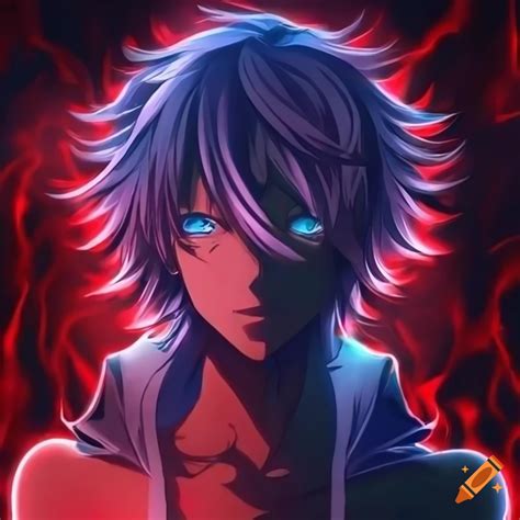 Dark anime character with glowing blue eyes surrounded by red flames on Craiyon