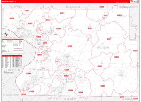 Madison County, IL Zip Code Wall Map Red Line Style by MarketMAPS ...