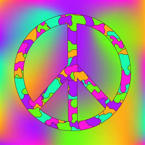 Icon, sticker in hippie style with rainbow Peace sign on rainbow gradient background. Neon style ...