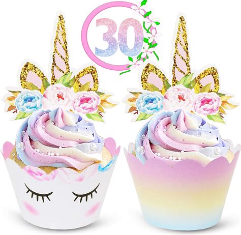 Unicorn Cupcake Toppers and Wrappers Decorations (30 of Each) - Reversible Rainbow Cup Cake ...