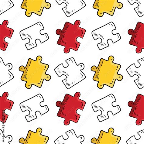 Seamless pattern with red and yellow cartoon jigsaw puzzles pieces on white background. Hand ...