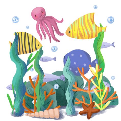 Undersea Plants Hd Transparent, Hand Painted Cute Cartoon Animals Fish ...