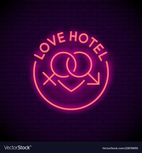 Love hotel logo neon sign. Gender symbols at hearth shape. Light, bright, banner at brick wall ...
