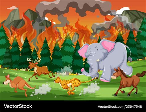 Wild animals run away from wildfire Royalty Free Vector