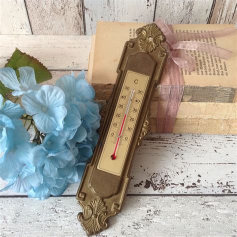 Brass wall thermometer, vintage ornate indoor or outdoor thermometer, celsius degrees. Art deco ...