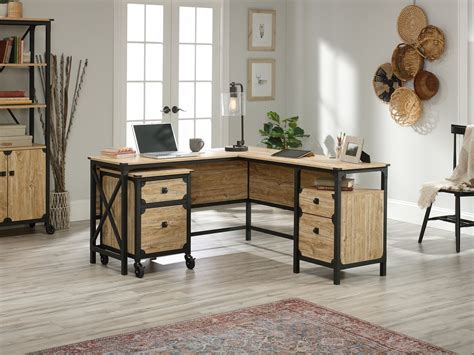 Sauder Steel River Rustic L-Shaped Desk with Small Drawer & File Drawer, Milled Mesquite Finish ...