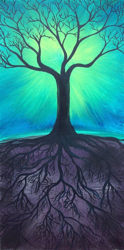 a painting of a tree with green and blue background