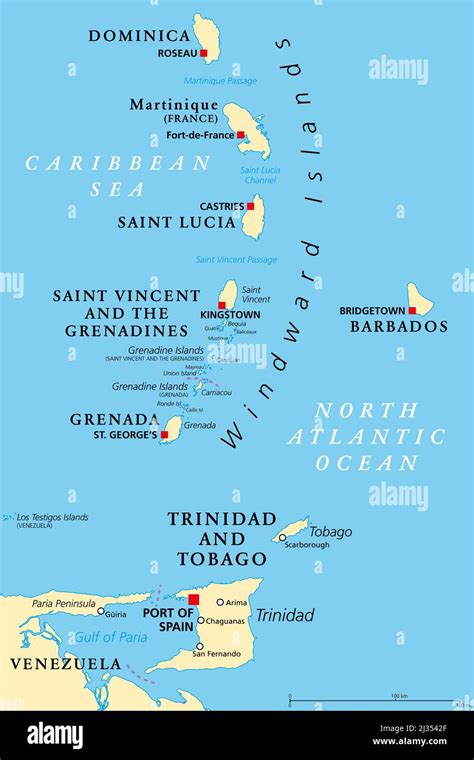 Windward Islands political map. Islands of the Lesser Antilles, south of the Leeward Islands in ...