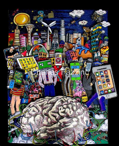 a drawing of a brain surrounded by electronic gadgets and other things ...