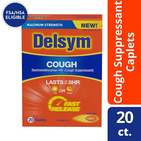 Maximum Strength Delsym Cough Suppressant, Fast Release Caplets, lasts up to 8 hour day or night ...