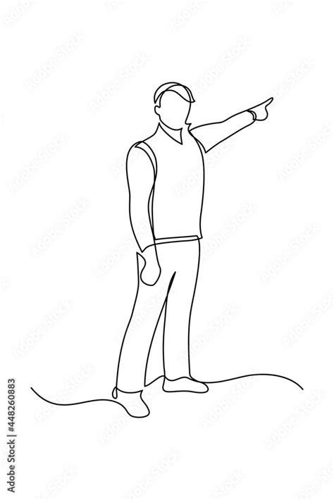 Vecteur Stock Man pointing the finger at something in continuous line art drawing style. Person ...