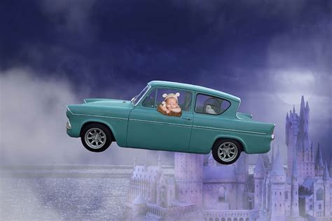 Harry Potter inspired flying car over Hogwarts Digital | Etsy