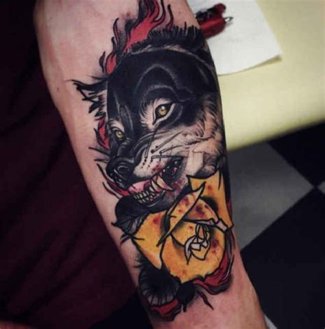 Tattoo yellow Rose and Wolf - Ideas Tattoo Designs | Animal tattoos, Skull tattoos, Tattoos