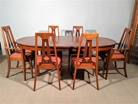 Mid Century Modern Dining Set, Walnut Oval Table, One Leaf, Six Chairs ...