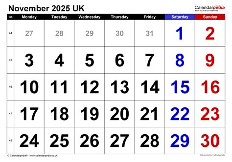 Calendar November 2025 UK with Excel, Word and PDF templates